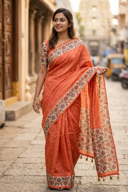 Orange Printed Semi Tussar Silk Saree 10077235