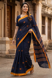 Ink Blue Handloom Chettinad Cotton Saree 10077333