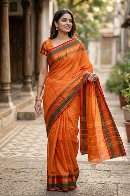 Orange Handloom Chettinad Cotton Saree 10077338