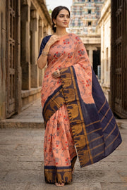 Biege Handcrafted Sungudi Cotton Saree With Elephant Border 10077132