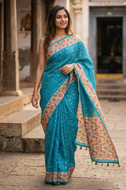 Blue Printed Semi Tussar Silk Saree 10077236