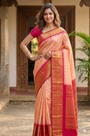 Peach Handloom Gadwal Kuttu Linen Saree With Silk Zari Border 10077068