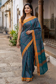Peacock Blue Handloom Chettinad Cotton Saree 10077325