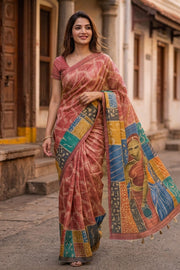 Brown Printed Semi Tussar Silk Saree With Tribal Motifs 10076268