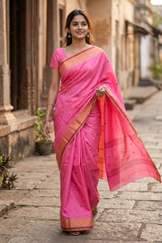 Baby Pink Handloom Chettinad Cotton Saree 10077314