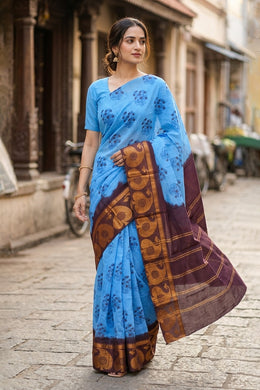 Blue Handcrafted Sungudi Cotton Saree With Paisley Border 10077129