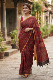 Bright Red Ajrakh Printed Mulmul Cotton Saree With Floral Border 10077403