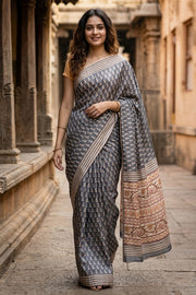 Grey Printed Semi Tussar Silk Saree 10077240