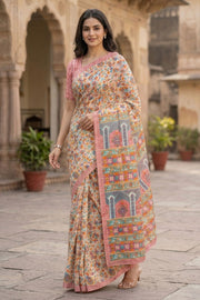 Cream Kashmiri Printed Silk Saree 10077396