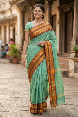 Ocean Blue Handloom Chettinad Cotton Saree 10077344