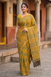 Yellow Ajrakh Printed Mulmul Cotton Saree 10077407