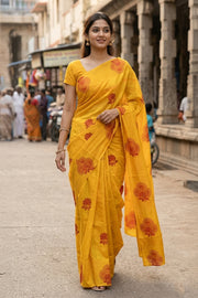 Yellow Handcrafted Sungudi Cotton Saree 10077140