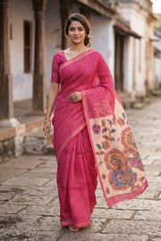 Pink Printed Semi Tussar Silk Saree 10077242