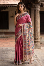 Red Kalamkari Printed Semi Tussar Silk Saree With Floral Motifs And Floral Border 10076276