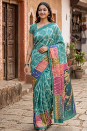 Green Printed Semi Tussar Silk Saree With Tribal Motifs 10076272