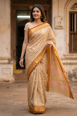 Light Beige Handloom Chettinad Cotton Saree 10077317
