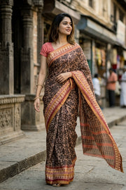 Brown Printed Semi Tussar Silk Saree 10077230