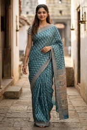 Aqua Sea Blue Printed Semi Tussar Silk Saree 10077241