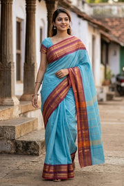 Sky Blue Handloom Chettinad Cotton Saree 10077334