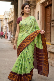 Pista Green Handcrafted Sungudi Cotton Saree 10077133
