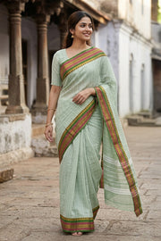 Green Handloom Chettinad Cotton Saree With Temple Border 10077299