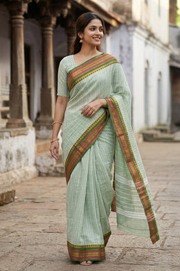 Light Green Handloom Chettinad Cotton Saree With Temple Border 10077299