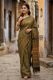 Forest Green Ajrakh Printed Mulmul Cotton Saree 10077399