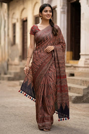 Brown Ajrakh Printed Mulmul Cotton Saree With Floral Border 10077402