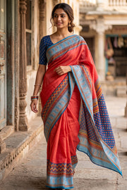 Red Printed Semi Tussar Silk Saree 10074900