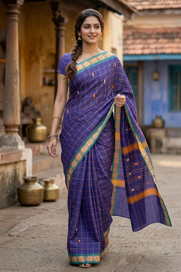 Ink Blue Handloom Chettinad Cotton Saree 10077319
