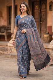 Blue Ajrakh Printed Mulmul Cotton Saree 10077405