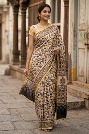 Cream Ajrakh Printed Mulmul Cotton Saree With Floral Border 10077400