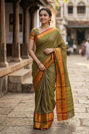 Leaf Green Handloom Chettinad Cotton Saree 10077348