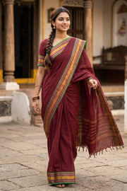Dark Maroon Handloom Chettinad Cotton Saree 10077347
