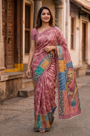 Pink Printed Semi Tussar Silk Saree With Tribal Motifs 10076269
