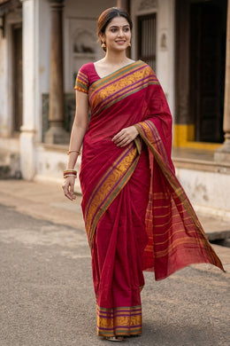 Red Handloom Chettinad Cotton Saree 10077345