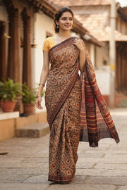 Red Ajrakh Printed Mulmul Cotton Saree 10077404