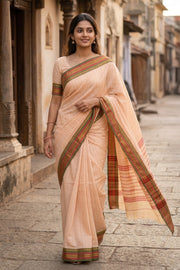 Beige Handloom Chettinad Cotton Saree With Temple Border 10077298