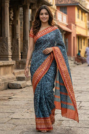 Aqua Blue Printed Semi Tussar Silk Saree 10077232