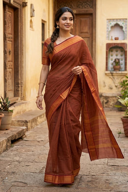 Dusty Brown Handloom Chettinad Cotton Saree 10077343