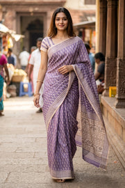 Lavender Printed Semi Tussar Silk Saree 10077237