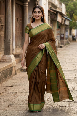 Brown Handloom Chettinad Cotton Saree 10077339