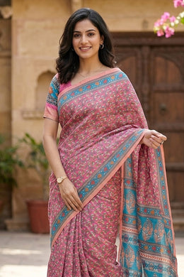 Pink Printed Semi Tussar Silk Saree 10077221