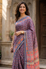 Ink Blue Printed Semi Tussar Silk Saree 10077219