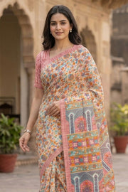 Cream Kashmiri Printed Silk Saree 10077396
