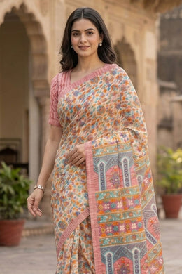 Cream Kashmiri Printed Silk Saree 10077396