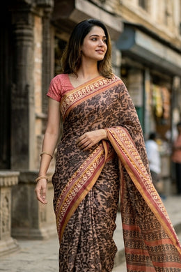 Brown Printed Semi Tussar Silk Saree 10077230