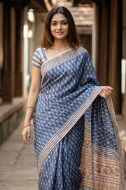 Light Blue Printed Semi Tussar Silk Saree 10077238
