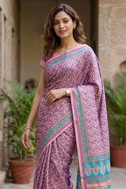 Grape Purple Printed Semi Tussar Silk Saree 10077220