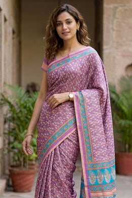 Grape Purple Printed Semi Tussar Silk Saree 10077220